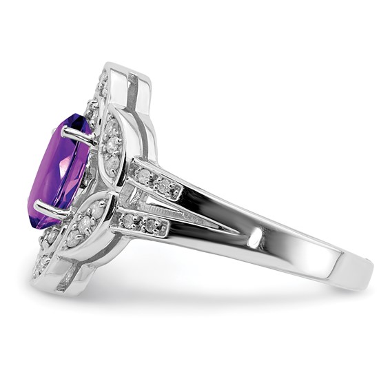 Sterling Silver Rhodium-plated Oval Amethyst & Diamond Ring