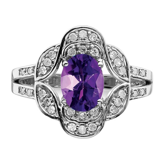 Sterling Silver Rhodium-plated Oval Amethyst & Diamond Ring