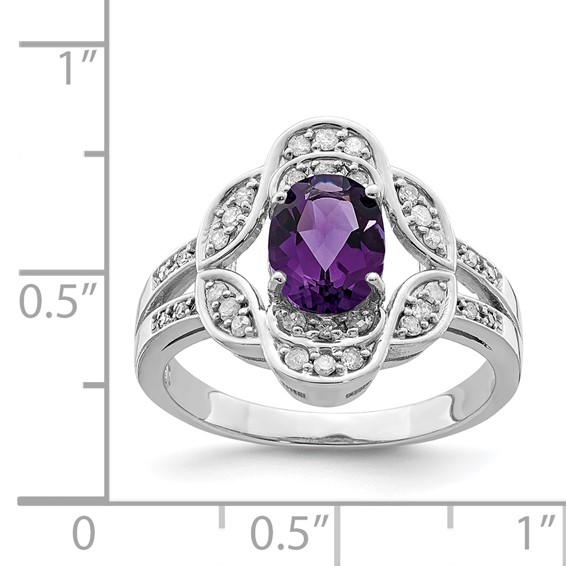 Sterling Silver Rhodium-plated Oval Amethyst & Diamond Ring