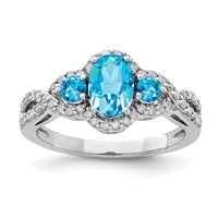 Sterling Silver Rhodium Oval Blue Topaz & Diam. Ring view 1
