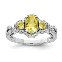 Sterling Silver Rhodium Oval Diam. & Lemon Quartz Ring view 1