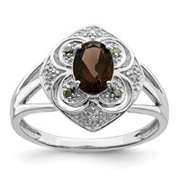 Sterling Silver Rhodium Oval Smoky Quartz & Diam. Ring view 1
