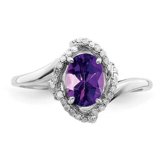 Sterling Silver Rhodium-plated Oval Diamond & Amethyst Ring