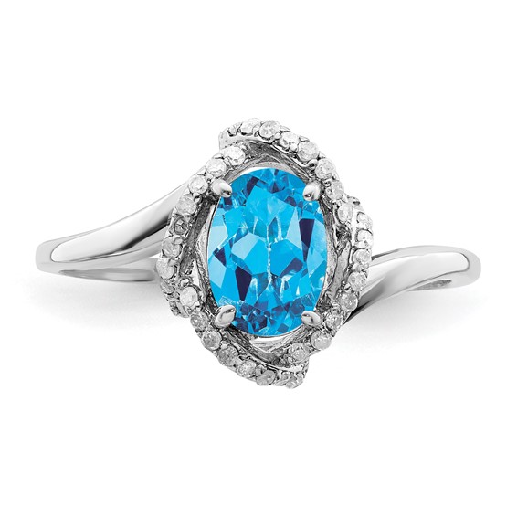 Sterling Silver Rhodium Oval Blue Topaz & Diam. Ring