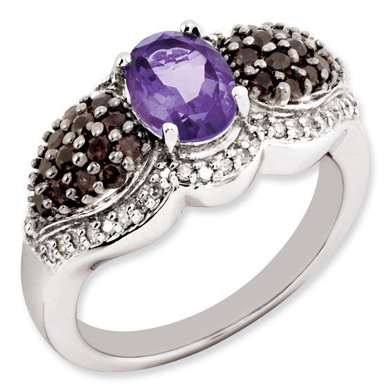 Sterling Silver Amethyst and Smoky Quartz & Diamond Ring