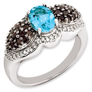 Sterling Silver Blue Topaz and Smoky Quartz & Diamond Ring
