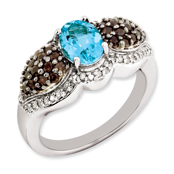 Sterling Silver Light Swiss Blue Topaz and Smoky Quartz & Diamond Ring
