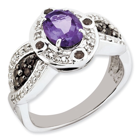 Sterling Silver Amethyst and Smoky Quartz & Diamond Ring