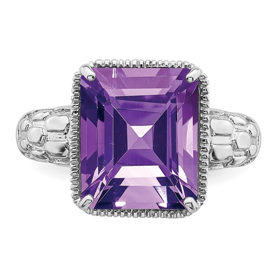 Sterling Silver Rhodium-plated Octagonal Amethyst Ring