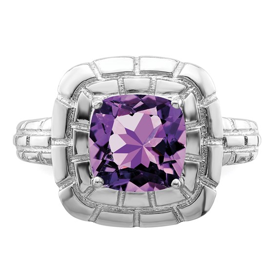 Sterling Silver Rhodium-plated Checker-Cut Amethyst Ring