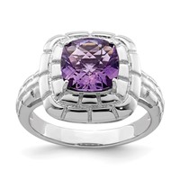 Sterling Silver Rhodium-plated Checker-Cut Amethyst Ring view 1