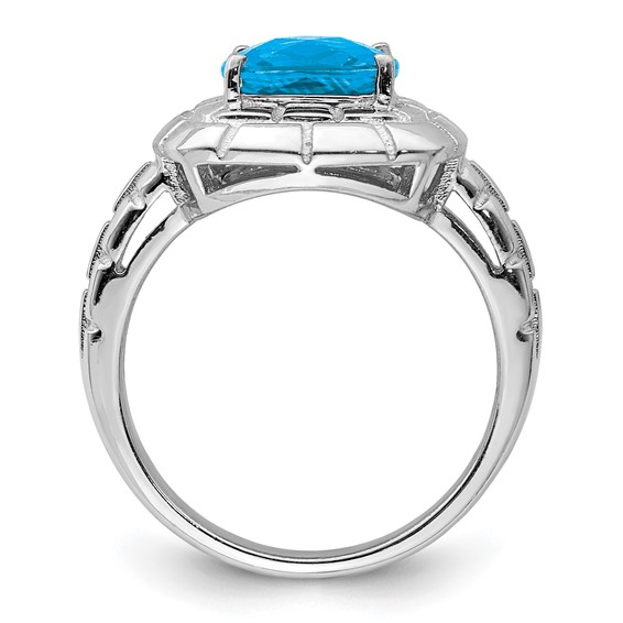 Sterling Silver Rhodium Checker-Cut Blue Topaz Ring