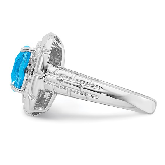 Sterling Silver Rhodium Checker-Cut Blue Topaz Ring