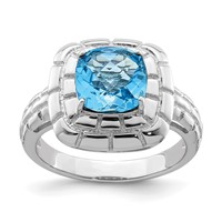Sterling Silver Rhodium Checker-Cut Blue Topaz Ring view 1