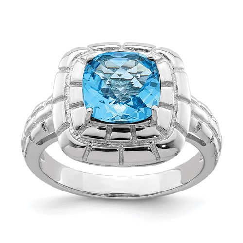 Sterling Silver Rhodium Checker-Cut Blue Topaz Ring