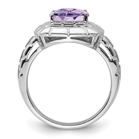 Sterling Silver Rhodium Checker-Cut Pink Quartz Ring
