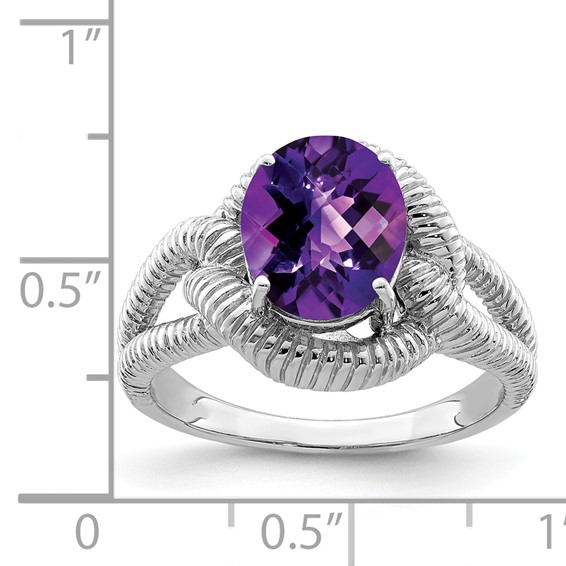 Sterling Silver Rhodium-plated Oval Checker-Cut Amethyst Ring
