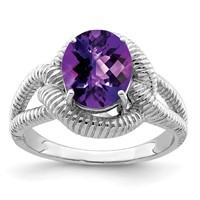 Sterling Silver Rhodium-plated Oval Checker-Cut Amethyst Ring view 1