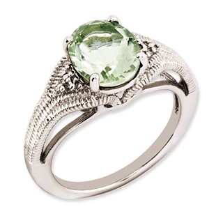 Sterling Silver Rhodium-plated Oval Green Quartz & Diamond Ring