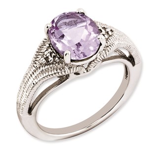 Sterling Silver Rhodium-plated Oval Pink Quartz & Diamond Ring