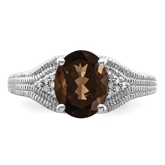 Sterling Silver Rhodium Oval Smoky Quartz & Diam. Ring