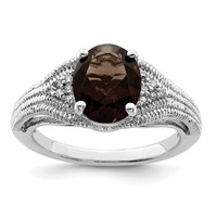 Sterling Silver Rhodium Oval Smoky Quartz & Diam. Ring view 1