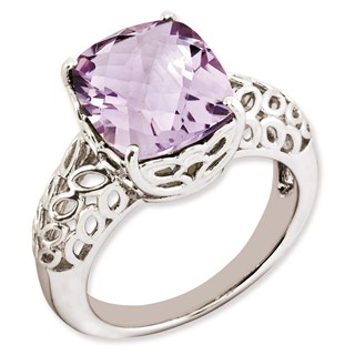 Sterling Silver Rhodium-plated Checker-Cut Pink Quartz Ring