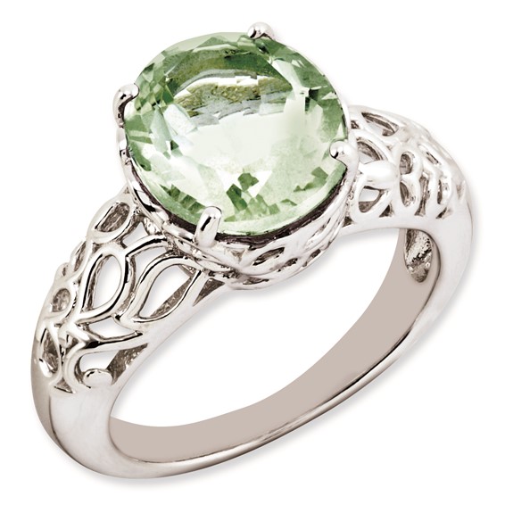 Sterling Silver Rhodium-plated Oval Green Quartz Ring