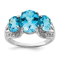 Sterling Silver Rhodium Checker-Cut Blue Topaz & Diam. Ring view 1