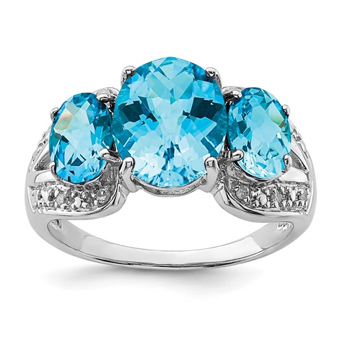 Sterling Silver Rhodium Checker-Cut Blue Topaz & Diam. Ring