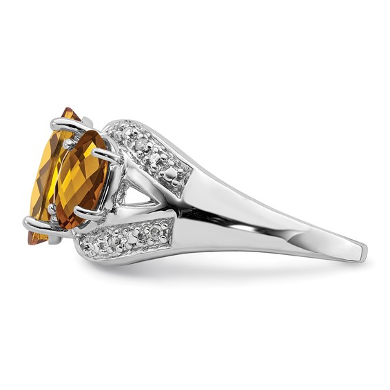 Sterling Silver Rhodium Oval Checker-Cut Whiskey Quartz & Diam. Ring