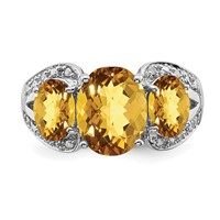 Sterling Silver Rhodium Oval Checker-Cut Whiskey Quartz & Diam. Ring view 5