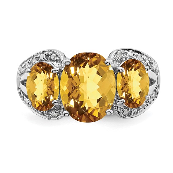 Sterling Silver Rhodium Oval Checker-Cut Whiskey Quartz & Diam. Ring