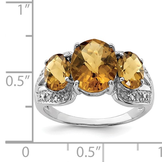Sterling Silver Rhodium Oval Checker-Cut Whiskey Quartz & Diam. Ring