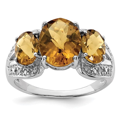 Sterling Silver Rhodium Oval Checker-Cut Whiskey Quartz & Diam. Ring