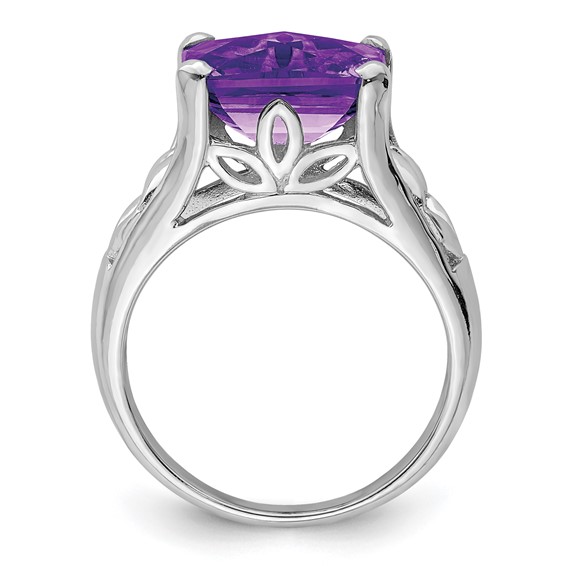 Sterling Silver Rhodium-plated Checker-Cut Amethyst Ring