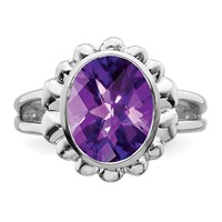 Sterling Silver Rhodium-plated Oval Checker-Cut Amethyst Ring view 5