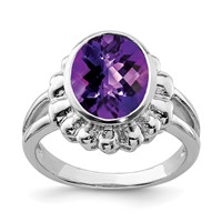 Sterling Silver Rhodium-plated Oval Checker-Cut Amethyst Ring view 1