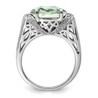 Sterling Silver Rhodium Checker-Cut Green Quartz & Diam. Ring view 2