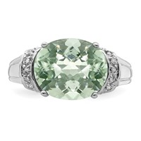 Sterling Silver Rhodium Checker-Cut Green Quartz & Diam. Ring view 4