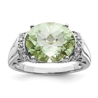 Sterling Silver Rhodium Checker-Cut Green Quartz & Diam. Ring view 1