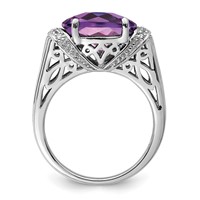 Sterling Silver Rhodium Oval Checker-Cut Amethyst & Diamond Ring view 2