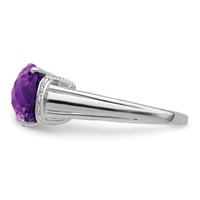 Sterling Silver Rhodium Oval Checker-Cut Amethyst & Diamond Ring view 3
