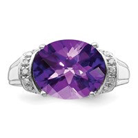 Sterling Silver Rhodium Oval Checker-Cut Amethyst & Diamond Ring view 4