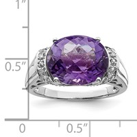 Sterling Silver Rhodium Oval Checker-Cut Amethyst & Diamond Ring view 5