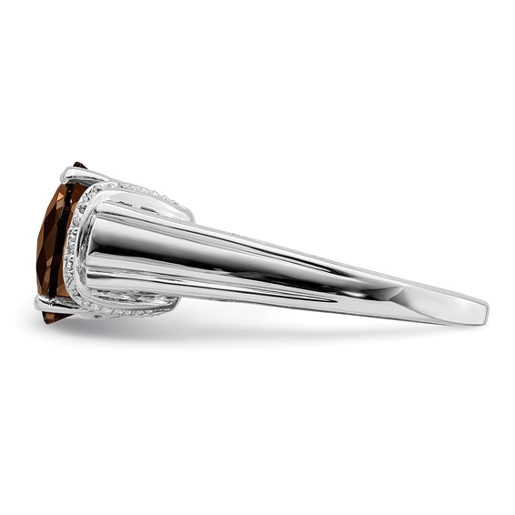 Sterling Silver Rhodium Checker-Cut Smoky Quartz & Diam. Ring