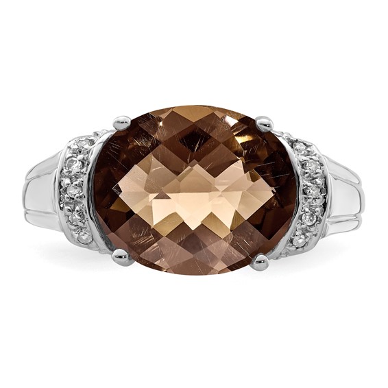 Sterling Silver Rhodium Checker-Cut Smoky Quartz & Diam. Ring