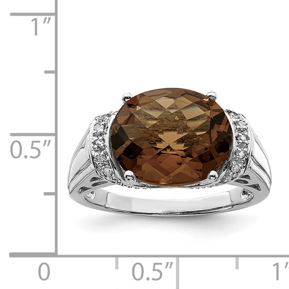 Sterling Silver Rhodium Checker-Cut Smoky Quartz & Diam. Ring