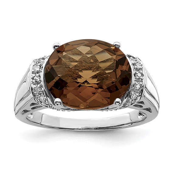 Sterling Silver Rhodium Checker-Cut Smoky Quartz & Diam. Ring
