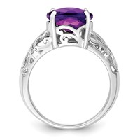 Sterling Silver Rhodium Oval Checker-Cut Amethyst & Diamond Ring view 2